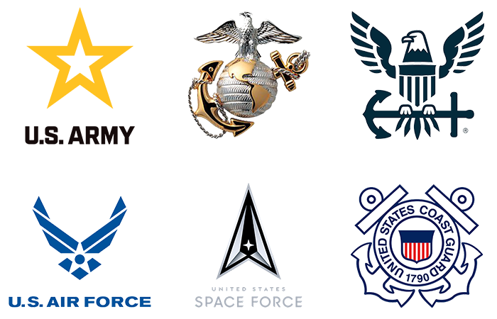 Logos of U.S. Army, Marines, Navy, Air Force, Space Force, and Coast Guard